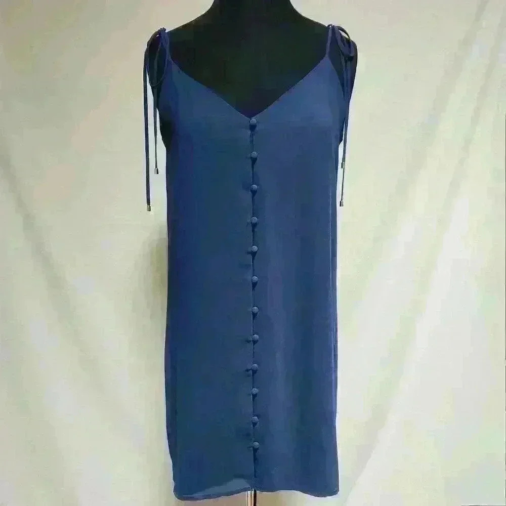 NWOT Navy Blue Naked Zebra S Slip Dress Spaghetti Strap Ties Front Button Detail